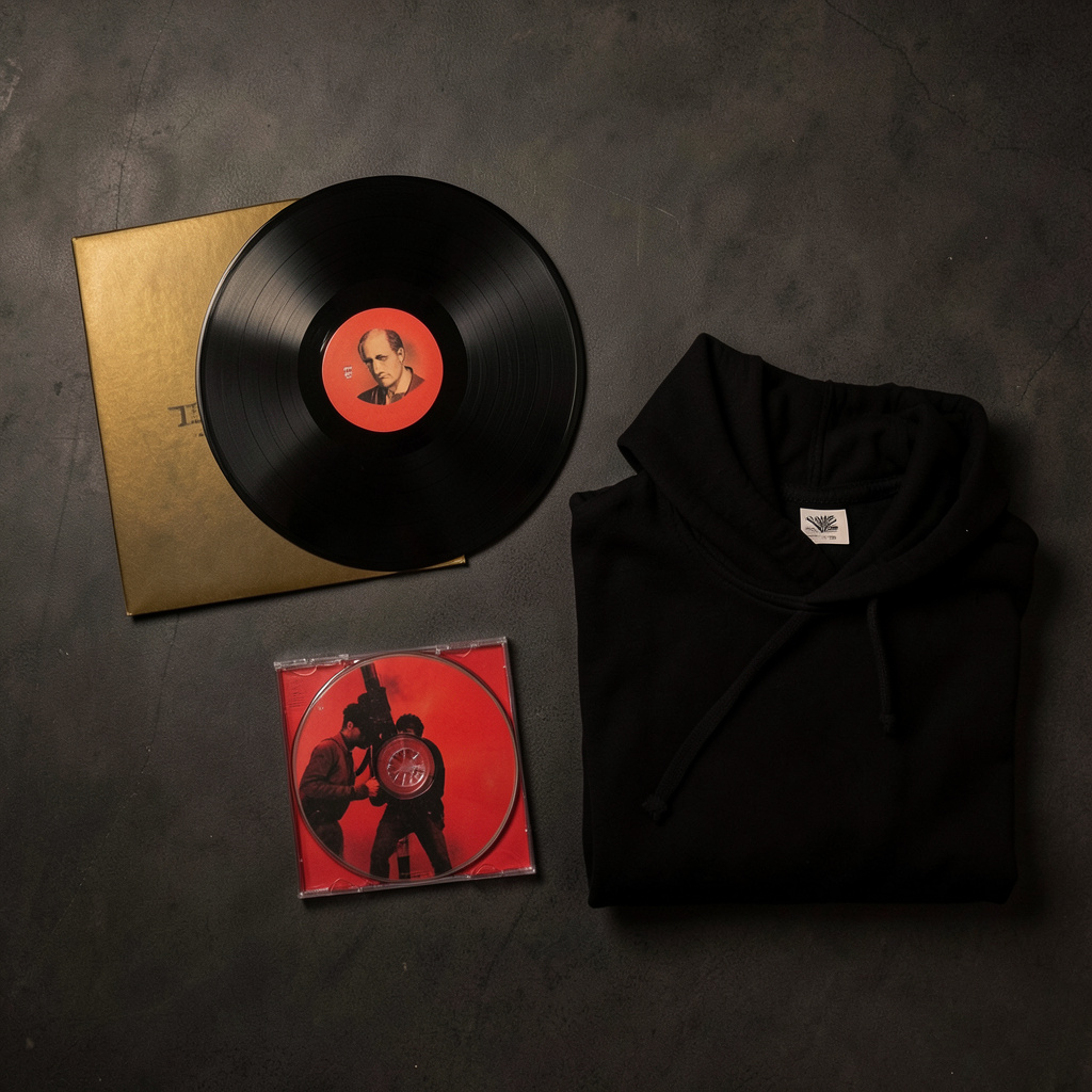 Overhead flat-lay of a vinyl record with a dark golden sleeve, a CD digipack, and a folded black hoodie arranged on a textured dark surface