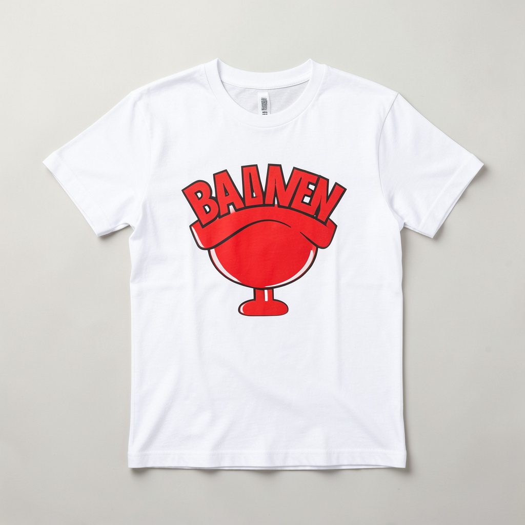 Overhead flat-lay of a white t-shirt with band logo print, bright and crisp against a neutral background