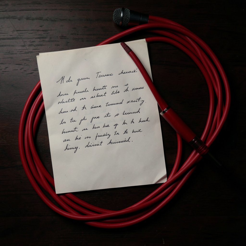 Overhead flat-lay of a handwritten letter and a coiled microphone cable on a dark wooden surface, moody low-key lighting